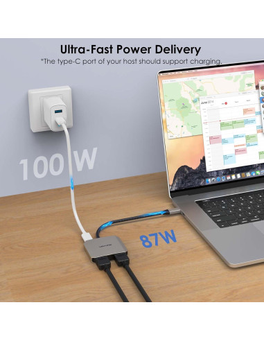 Adaptador USB C a Doble HDMI WAVLINK 4K 87W PD para Portátiles