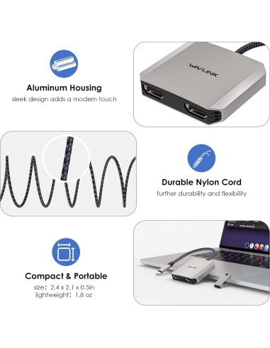 Adaptador USB C a Doble HDMI WAVLINK 4K 87W PD para Portátiles