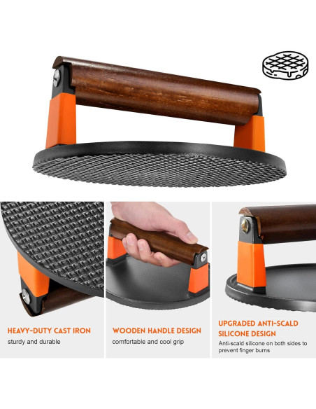 Prensa de Hamburguesas GGC de Hierro Fundido 18 cm con Mango de Madera