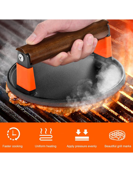 Prensa de Hamburguesas GGC de Hierro Fundido 18 cm con Mango de Madera