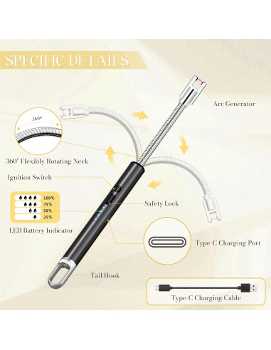 Encendedor Eléctrico Koulate Negro Recargable Tipo C 360