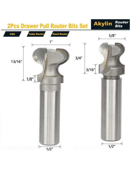 Juego de 2 fresas para tiradores Akylin 1/2" vástago carburo