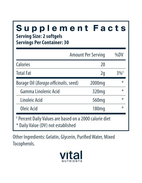 Aceite de Borraja Vital Nutrients 1000mg 60 Gelatinas Blandas