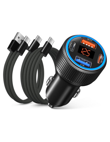 Cargador de coche USB-C 65W con 4 puertos y 2 cables