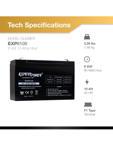 Batería de Plomo Sellada 6V 10AH ExpertPower con Terminal F1