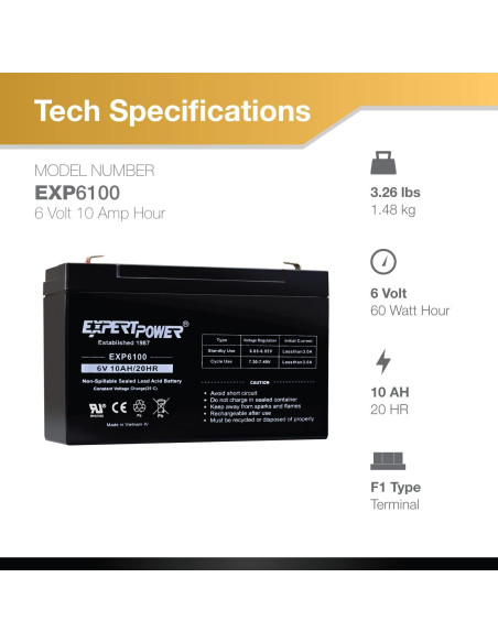 Batería de Plomo Sellada 6V 10AH ExpertPower con Terminal F1