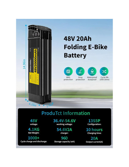 Batería de E-Bike Plegable 48V 20Ah Lithium Hellas con Cargador