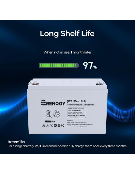 Batería AGM Renogy 12V 100Ah - 1100A Descarga Máxima