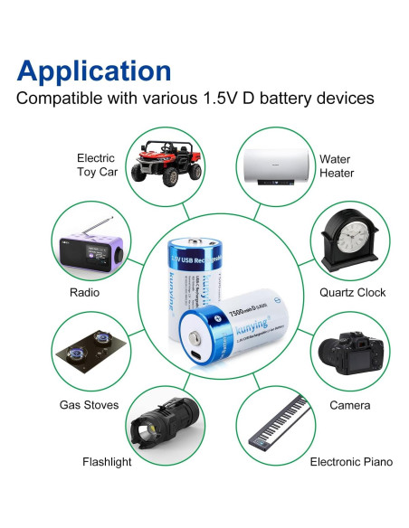 Paquete de 4 Baterías Recargables D 7500mAh Kunying con USB-C