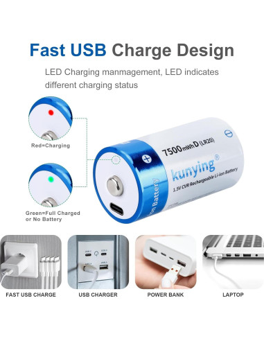 Paquete de 4 Baterías Recargables D 7500mAh Kunying con USB-C