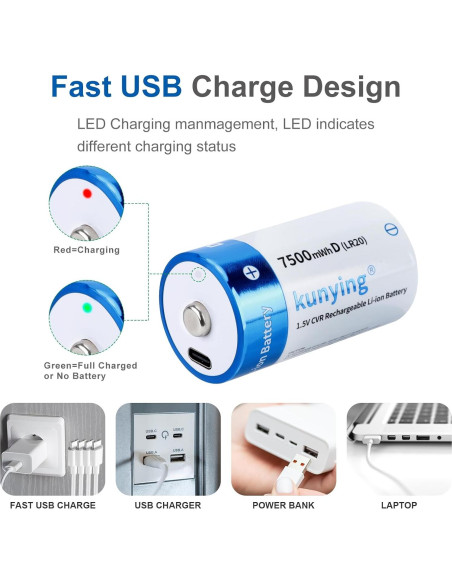Paquete de 4 Baterías Recargables D 7500mAh Kunying con USB-C