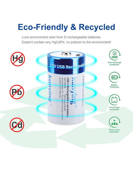 Paquete de 4 Baterías Recargables D 7500mAh Kunying con USB-C