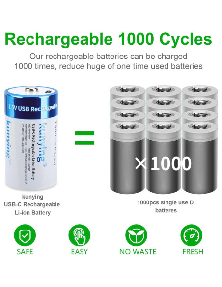 Paquete de 4 Baterías Recargables D 7500mAh Kunying con USB-C
