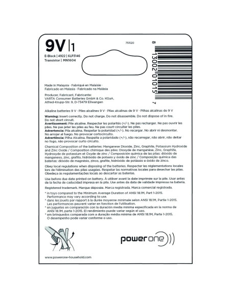 Batería Alcalina 9V Power One LONGLIFE - 1 Unidad