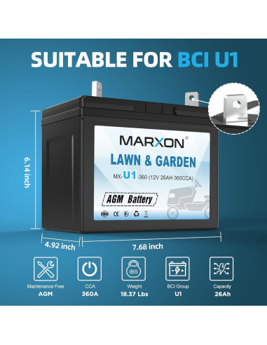 Batería AGM 12V 360CCA MARXON U1 para Cortacésped y Tractores