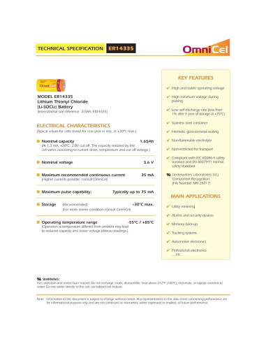 Batería de botón OmniCel ER14335 3.6V 1.65Ah Li-SOCl2