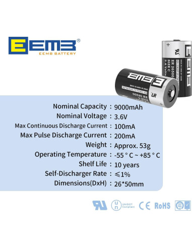 Batería de Litio C EEMB ER26500 3.6V 9000mAh No Recargable