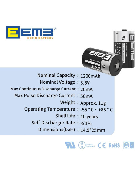 Baterías de Litio EEMB ER14250 3.6V 1200mAh Paquete de 10