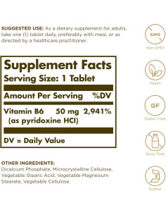 Vitamina B6 Solgar 50 mg - 100 Tabletas Veganas Sin Gluten 2
