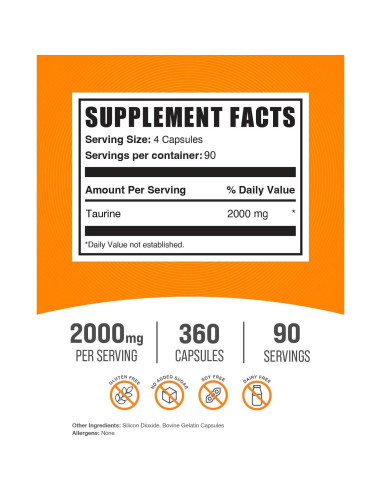 Cápsulas de Taurina BulkSupplements 2000mg - 360 Unidades