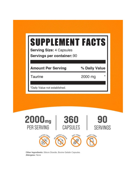 Cápsulas de Taurina BulkSupplements 2000mg - 360 Unidades