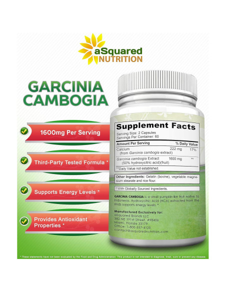 Extracto de Garcinia Cambogia 100% Puro aSquared - 120 Cápsulas