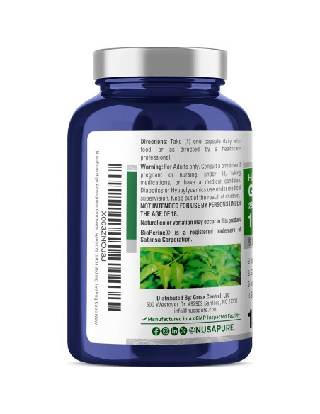 Extracto de Gymnema Sylvestre NusaPure 250 mg 150 cápsulas veganas
