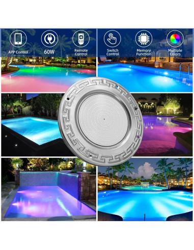 Luces de piscina LED Awanhe 60W 10" RGB con control remoto