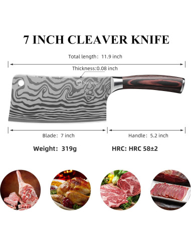 Cuchillo Cleaver 7" Sunnecko Acero Inoxidable Pakkawood