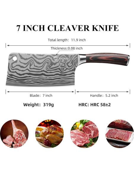 Cuchillo Cleaver 7" Sunnecko Acero Inoxidable Pakkawood