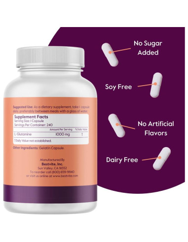 Suplemento L-Glutamina Bestvite 1000mg 240 Cápsulas Puras