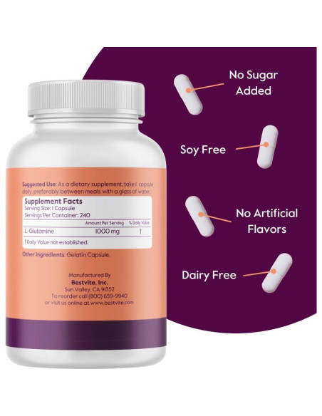 Suplemento L-Glutamina Bestvite 1000mg 240 Cápsulas Puras