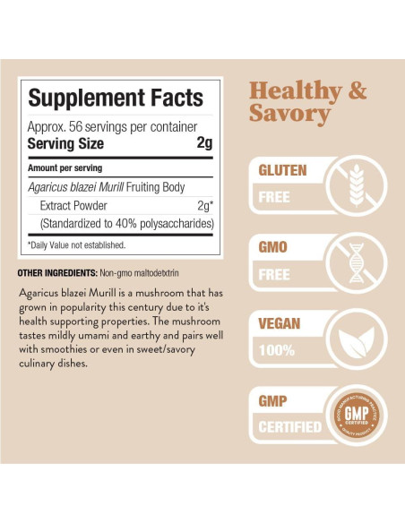 Extracto de hongo Agaricus Blazei Murill en polvo 113g 40% polisacáridos