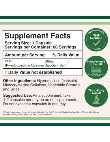 Suplemento PQQ 20mg Double Wood - 60 Cápsulas Veganas