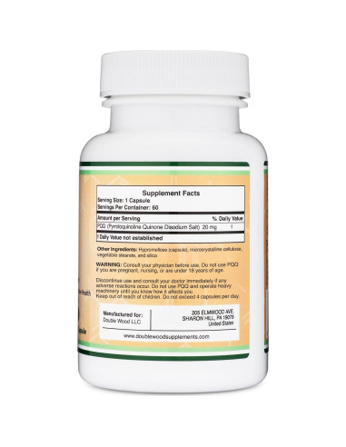 Suplemento PQQ 20mg Double Wood - 60 Cápsulas Veganas