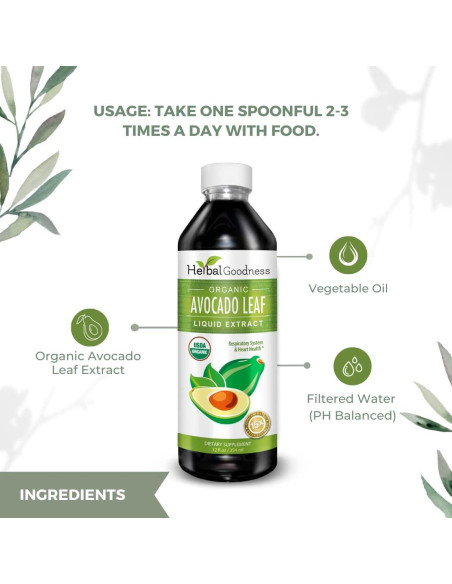 Suplemento Líquido de Extracto de Hoja de Aguacate 340ml Herbal Goodness