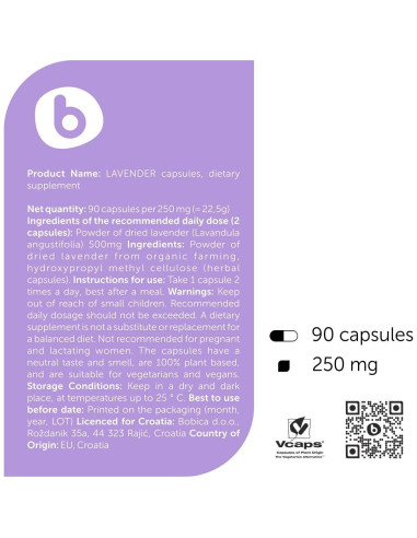 Cápsulas de Lavanda Orgánica Bobica - 90 Veganas para Relajación