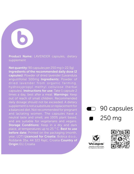 Cápsulas de Lavanda Orgánica Bobica - 90 Veganas para Relajación