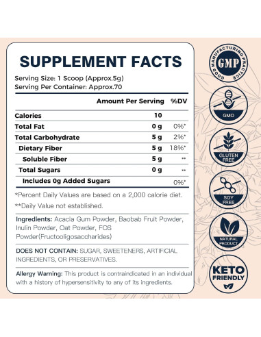 Polvo de Fibra Prebiótica DRFOSTER 350g - Sin Sabor, Vegano