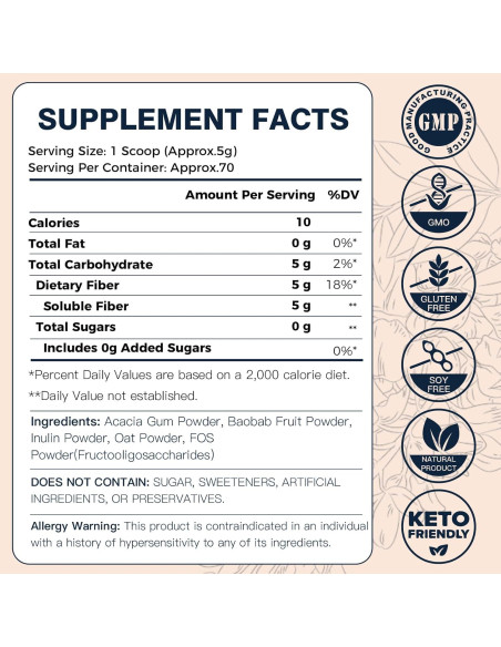 Polvo de Fibra Prebiótica DRFOSTER 350g - Sin Sabor, Vegano