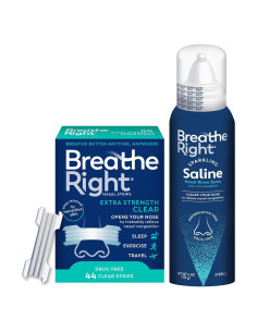 Paquete Tiras Nasales Breathe Right Extra Fuertes 44ct + Spray Salino 118ml