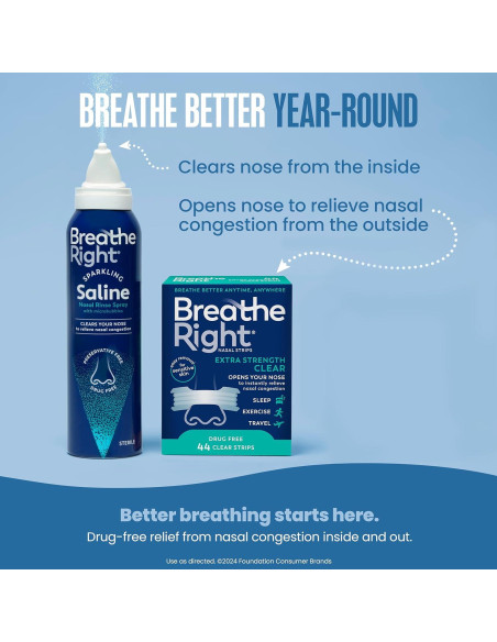 Paquete Tiras Nasales Breathe Right Extra Fuertes 44ct + Spray Salino 118ml
