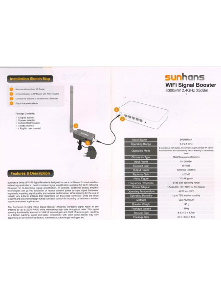 Amplificador de Señal WiFi Sunhans SH24BTA-N 3000mW 2.4GHz