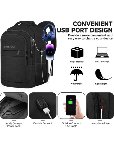 Mochila Lapsouno 17.3" Negra para Laptop, Resistente y TSA