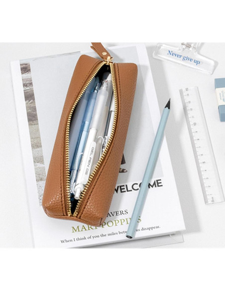 Estuche de Lápiz PU HXKJ Marrón Gran Capacidad 20x6x3cm