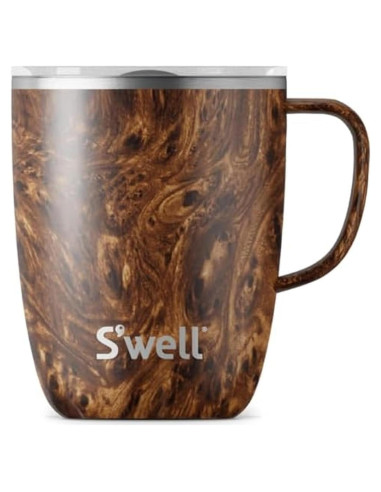 Taza de Acero Inoxidable S'well 12oz con Asa Madera de Teak
