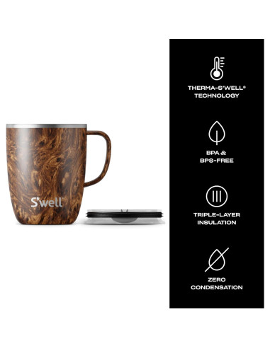 Taza de Acero Inoxidable S'well 12oz con Asa Madera de Teak