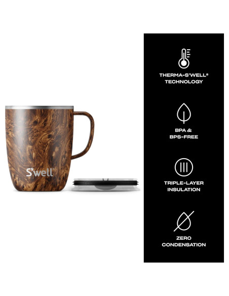 Taza de Acero Inoxidable S'well 12oz con Asa Madera de Teak