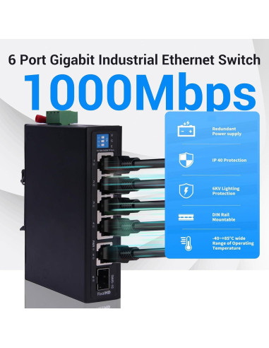 Conmutador Ethernet Industrial Real HD 6 Puertos 1000Mbps