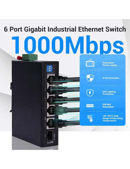 Conmutador Ethernet Industrial Real HD 6 Puertos 1000Mbps